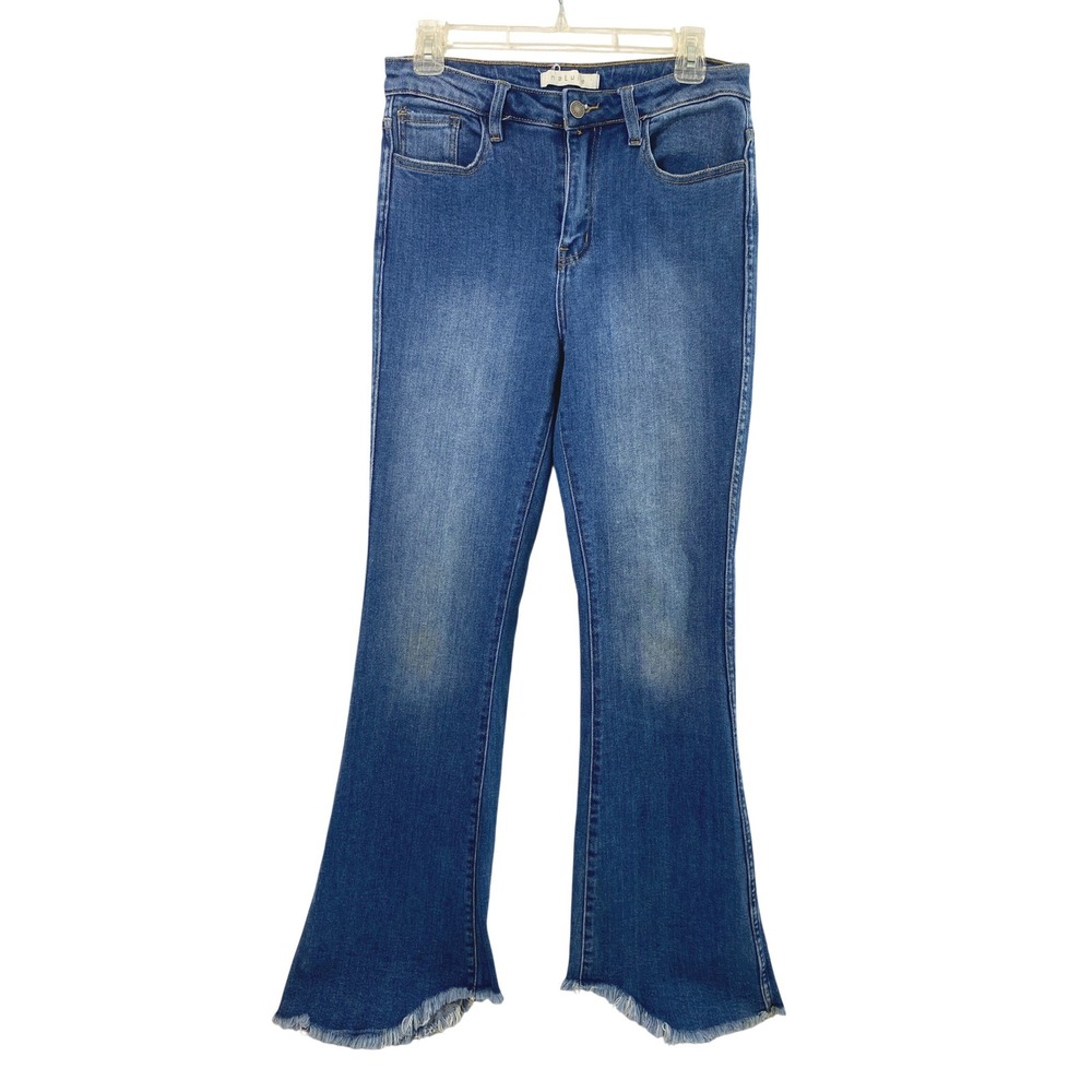 Nature Denim Jeans Women 28  Flare High Rise Frayed Step Hem Blue Stretch Boho